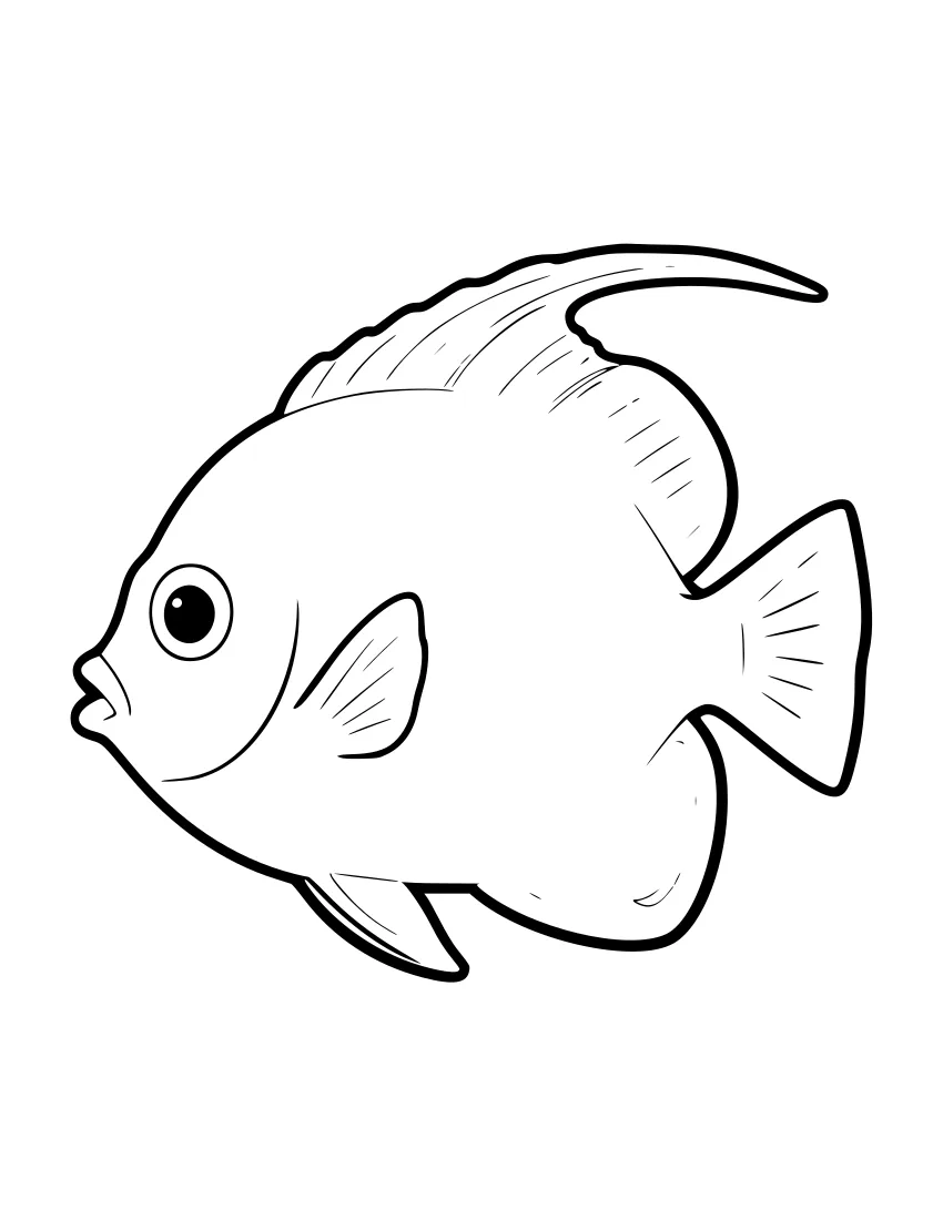 Black-and-white line drawing of a tropical reef fish in side view, showing a large eye, a dorsal fin, a pectoral fin, a tail fin, and stripes across the body.