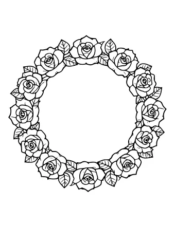 Una guirnalda circular de rosas y hojas, adecuada para colorear por adultos, con pétalos y venas detalladas en las hojas.