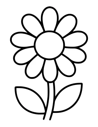 Dibujo lineal en blanco y negro de una margarita grande con ocho pétalos, un centro redondo, un tallo recto y dos hojas.
