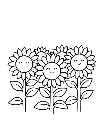 Tres girasoles sonrientes con largos tallos y hojas en un campo, contra un fondo en blanco para un cielo azul.