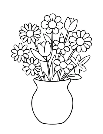 Dibujo lineal en blanco y negro de un jarrón que sostiene un ramo suelto de flores silvestres, incluidas margaritas con centros redondos y tulipanes con pétalos puntiagudos, rodeados de hojas largas.
