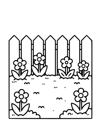 Dibujo lineal en blanco y negro de una escena de jardín que presenta una valla blanca, un camino de tierra con piedras pequeñas y varias flores parecidas a margaritas que crecen en el suelo.