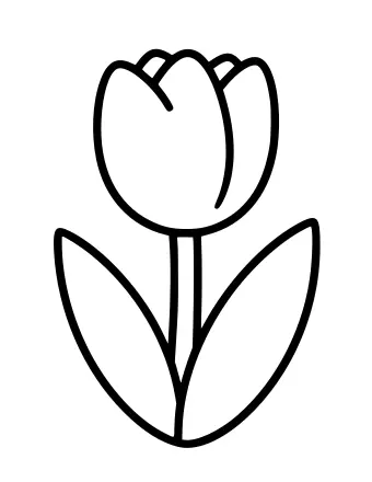 Dibujo lineal en blanco y negro de una sola flor de tulipán con dos hojas largas sobre un fondo blanco.