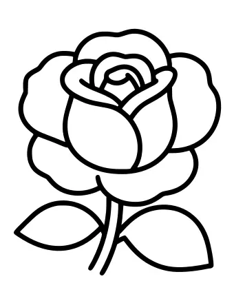 Dibujo lineal en blanco y negro de una única rosa grande con contornos llamativos, pétalos redondeados y dos hojas en un tallo, diseñado para niños pequeños.