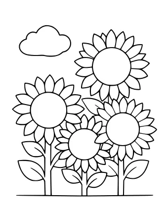 Dibujo lineal de tres girasoles de diferentes tamaños con hojas y tallos verdes, contra un cielo azul con una nube blanca.