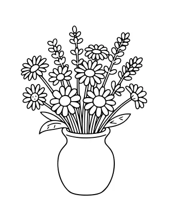 Dibujo lineal de un ramo mixto de flores silvestres que incluye margaritas y lavanda dispuestas en un jarrón, con dos margaritas que muestran sencillas caras sonrientes.