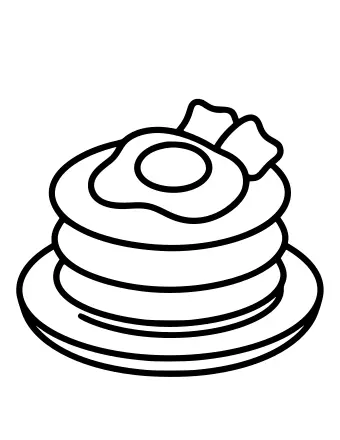 Line drawing of a plate holding a stack of pancakes, a fried egg and a strip of bacon