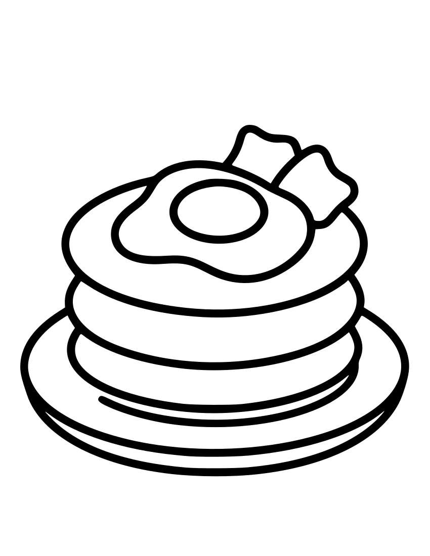 Line drawing of a plate holding a stack of pancakes, a fried egg and a strip of bacon