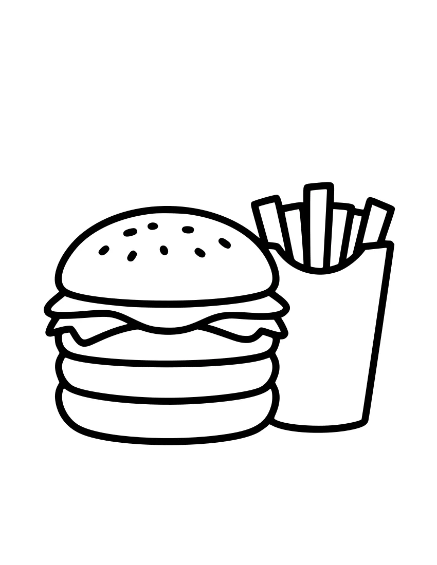 Line drawing of a burger with a seeded bun and visible layers next to a carton of French fries