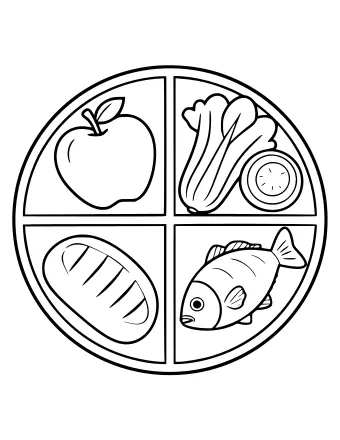 Outline of a round plate split into four sections showing an apple, a lettuce and a sliced vegetable, a loaf of bread and a fish