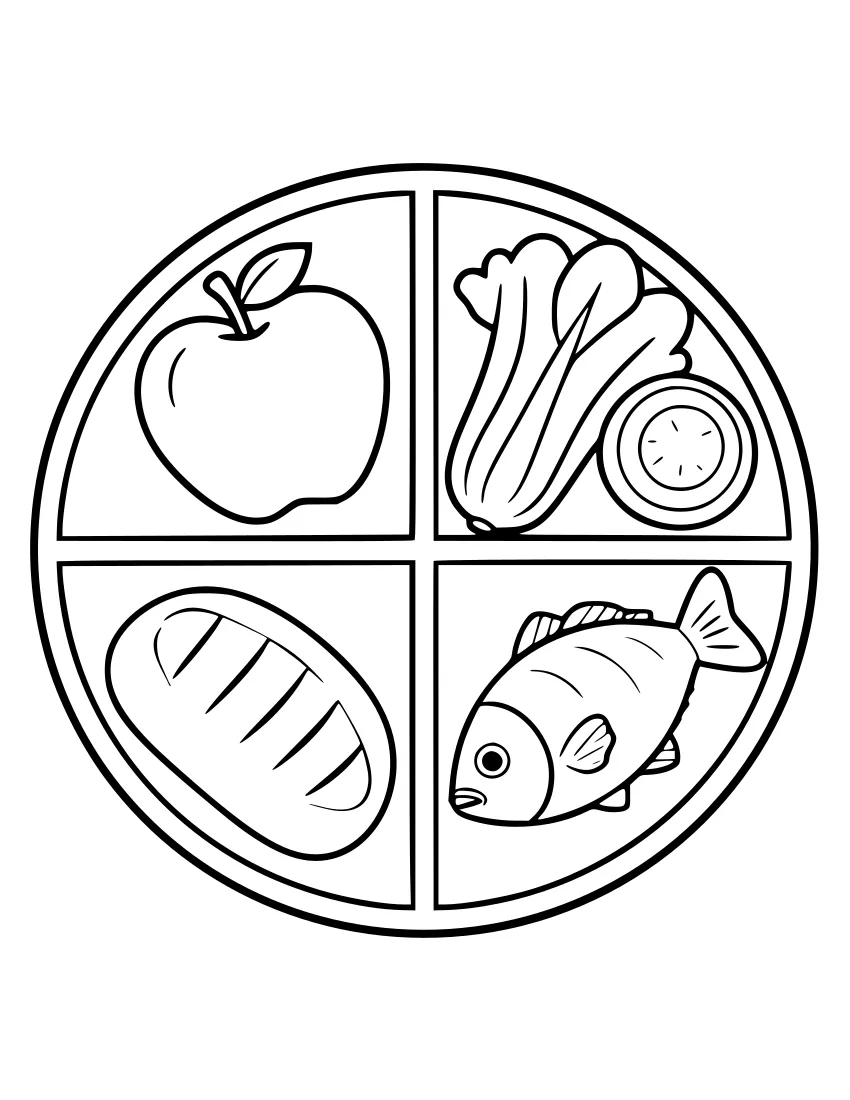 Outline of a round plate split into four sections showing an apple, a lettuce and a sliced vegetable, a loaf of bread and a fish