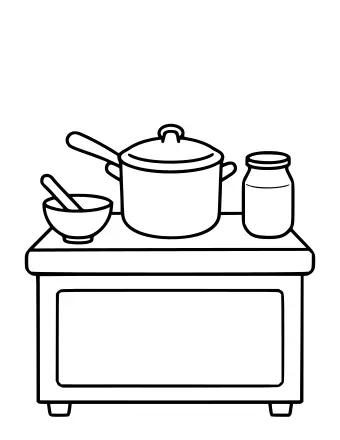 Line drawing of a kitchen counter with a large lidded pot, a bowl with a spoon, a jar and a cupboard door underneath