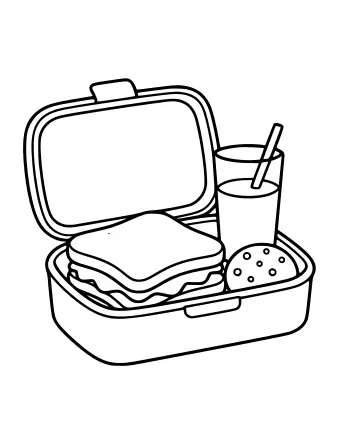 Line drawing of an open lunchbox with a lid raised, a sandwich, a round cookie and a drink cup with a straw