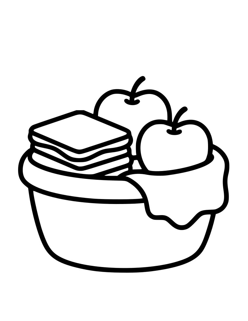Line drawing of a picnic basket holding a layered sandwich, two apples and a folded cloth over the edge