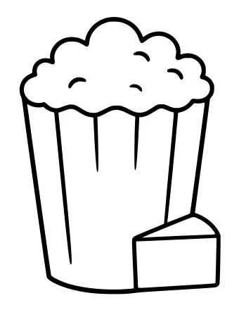 Line drawing of a tall popcorn bucket with fluffy popcorn on top and a wedge of cheese beside it