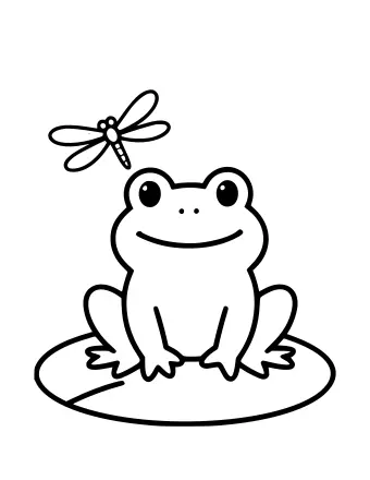Outline drawing of a smiling frog sitting upright on a lily pad with a dragonfly flying above its head