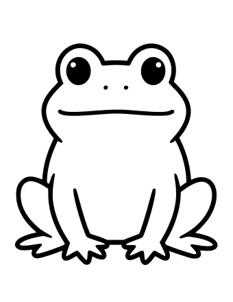 Simple line drawing of a frog sitting upright with two large round eyes, a wide mouth line and big webbed feet.