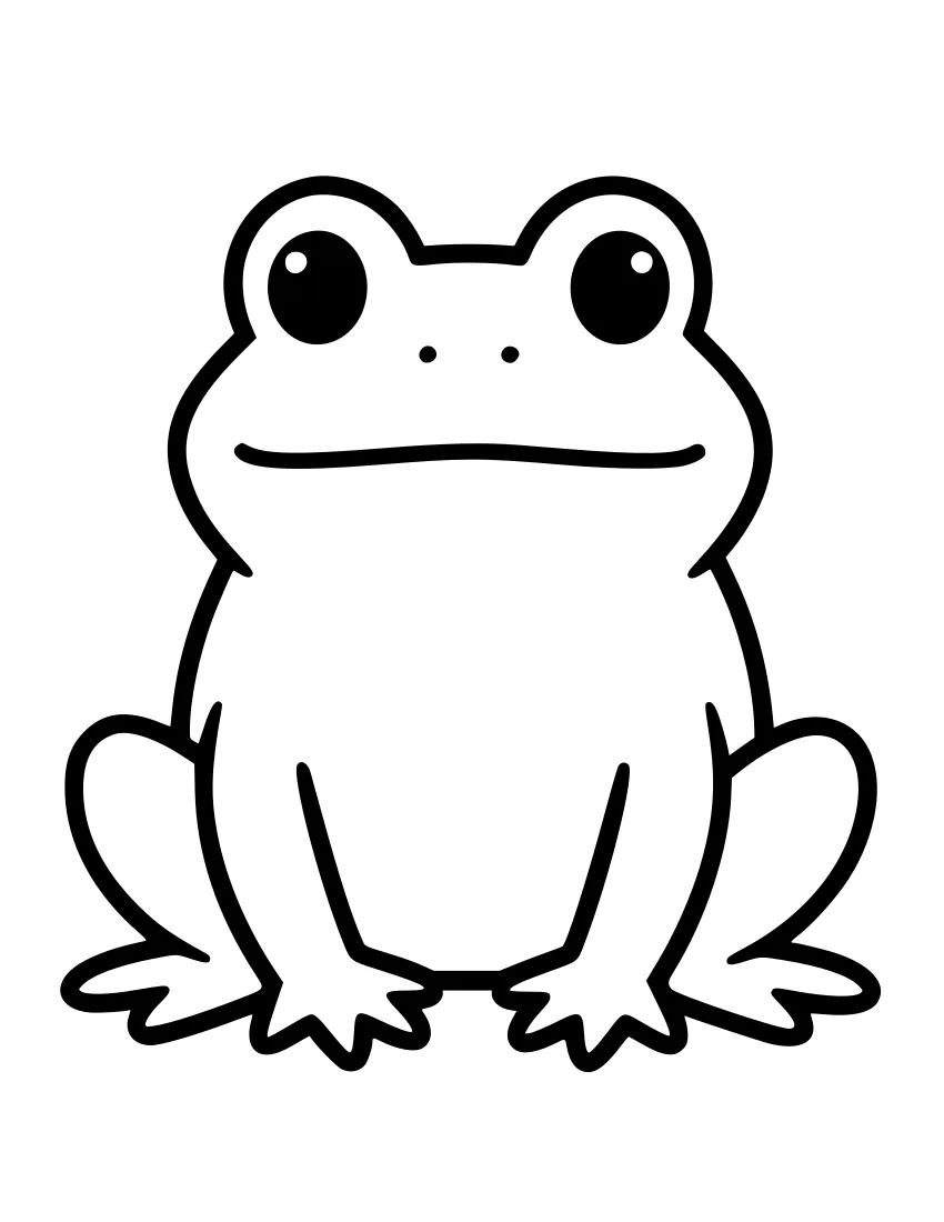 Simple line drawing of a frog sitting upright with two large round eyes, a wide mouth line and big webbed feet.