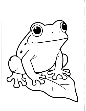 Black-and-white line drawing of a smiling tree frog clinging to a large leaf, with round toe pads and big eyes.
