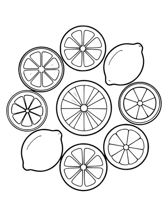 Line drawing of circular citrus slices with segments arranged in a ring around a larger central slice, plus two whole lemons