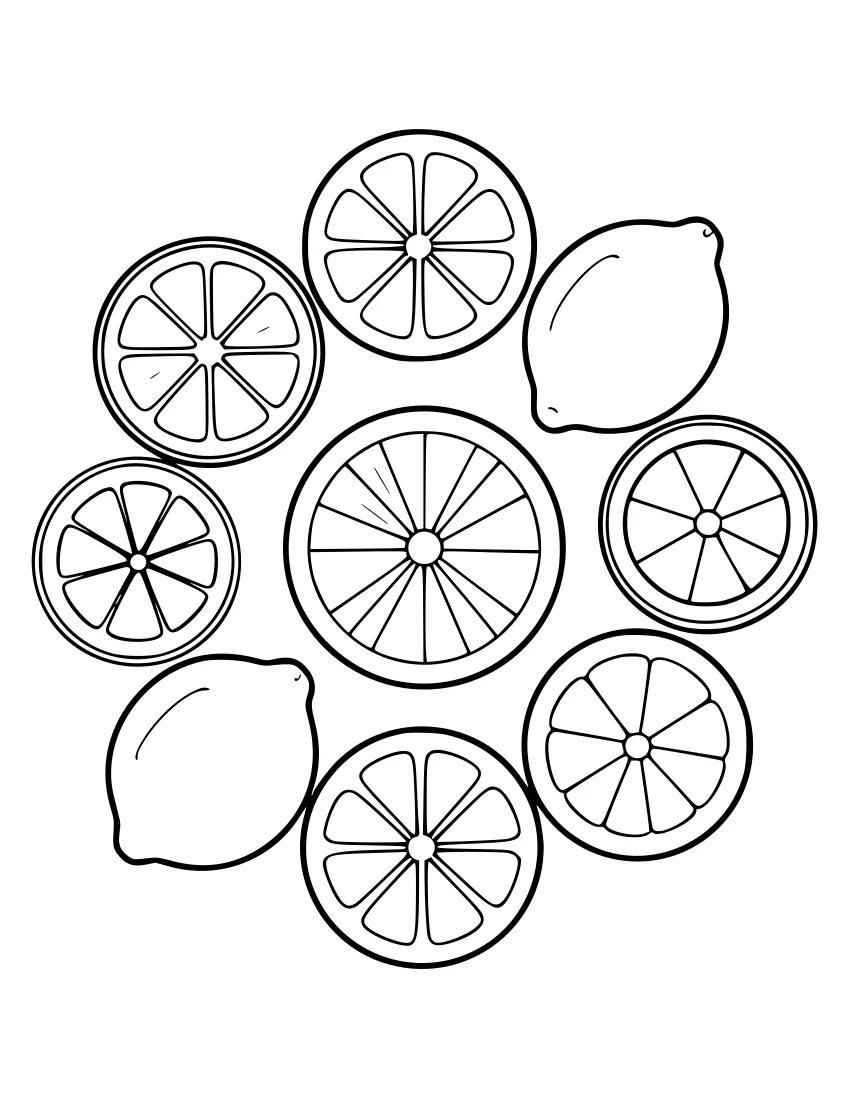 Line drawing of circular citrus slices with segments arranged in a ring around a larger central slice, plus two whole lemons