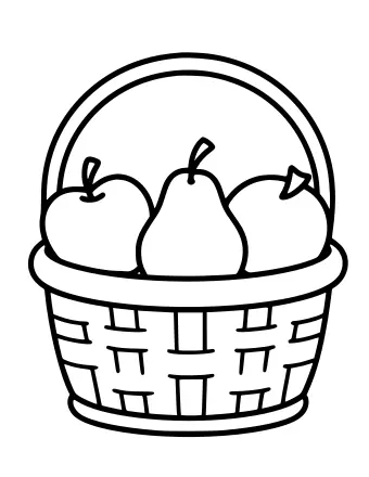 Line drawing of a woven basket with a curved handle holding several apples and a pear