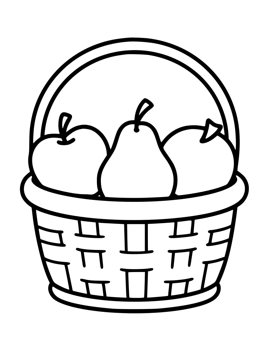 Line drawing of a woven basket with a curved handle holding several apples and a pear