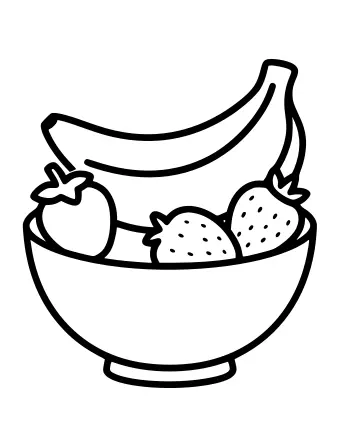 Line drawing of a bowl containing a bunch of bananas and three strawberries with seeds and green tops
