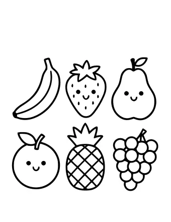 Outline drawing of six fruits with small smiling faces: banana, strawberry, pear, orange, pineapple and a bunch of grapes