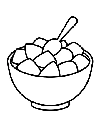 Line drawing of a bowl filled with chopped pieces of fruit with a spoon sticking out of the top