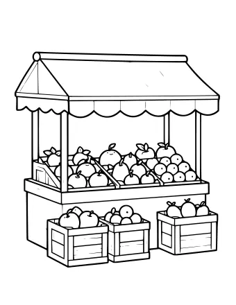 Line drawing of a fruit market stall with a striped awning, a counter full of fruit and wooden crates of apples