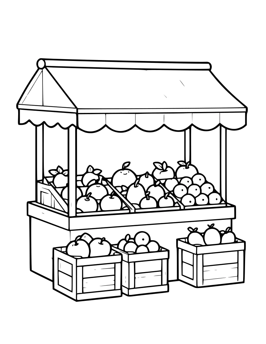 Line drawing of a fruit market stall with a striped awning, a counter full of fruit and wooden crates of apples