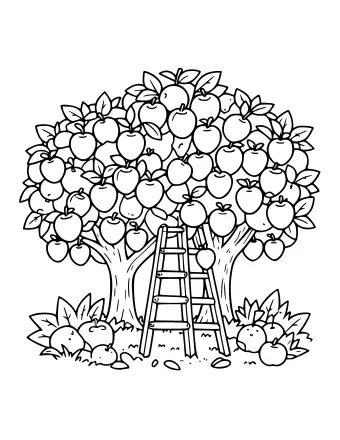 Line drawing of a leafy apple tree full of apples with a ladder leaning on the trunk and apples on the ground