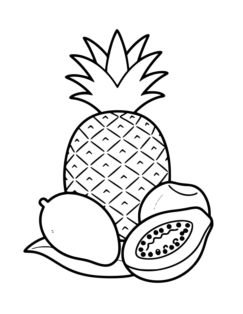 Line drawing of a pineapple with a leafy crown, a mango and a cut papaya with seeds lying on a big leaf
