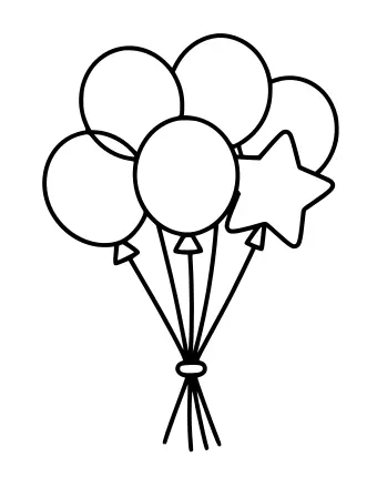 A bunch of round balloons and a star-shaped balloon tied with long ribbons