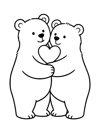 Outline drawing of two standing bears hugging each other with a heart shape held between them