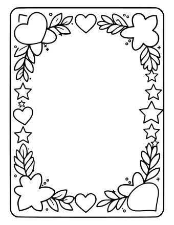 A card shaped page with a border of leaves, hearts and stars around a blank centre
