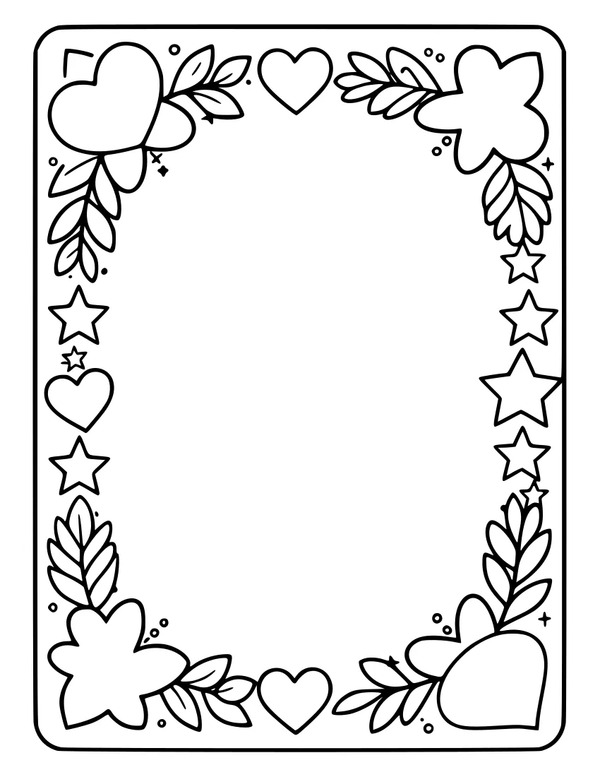 A card shaped page with a border of leaves, hearts and stars around a blank centre