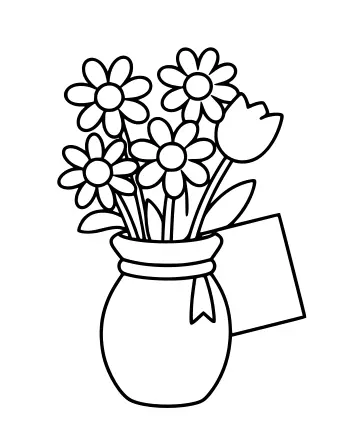 A round vase with daisies and tulips and a small blank card leaning beside it
