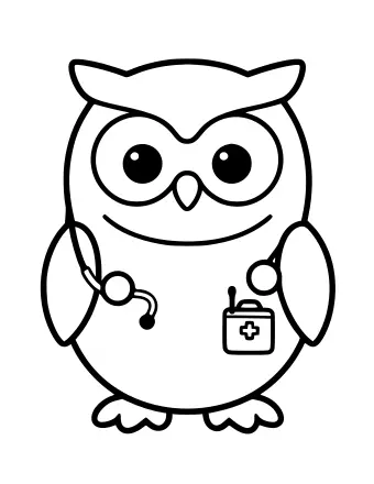 A cartoon owl with large eyes wearing a stethoscope and holding a small first-aid bag