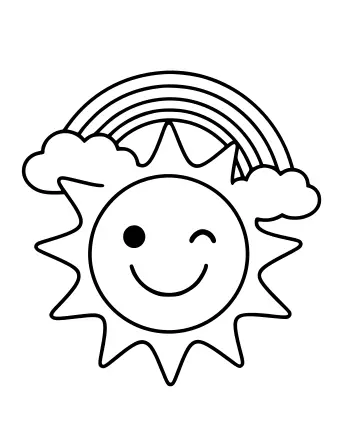 A smiling winking sun with pointed rays below a rainbow and two clouds