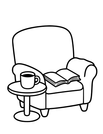Outline drawing of an armchair with an open book on the seat and a mug of tea on a small round table beside it
