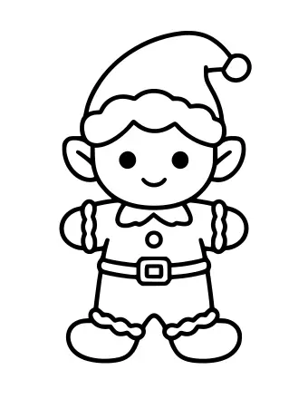 Dibujo lineal de un elfo de pan de jengibre sonriente con cabello blanco glaseado, un sombrero puntiagudo con una campana tintineante, un cinturón con hebilla cuadrada y pies festoneados.