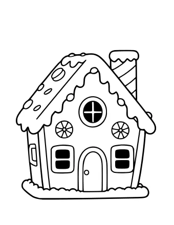 Dibujo lineal en blanco y negro de una casa de pan de jengibre con un techo empinado, una ventana redonda con una cruz, dos ventanas redondas de caramelo, una chimenea con humo ondulado y glaseado festoneado a lo largo de la línea del techo y la base.