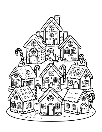 Un dibujo lineal en blanco y negro de un pueblo de varios niveles hecho de casas de pan de jengibre, conectadas por bastones de caramelo y decoradas con glaseado y gomitas.