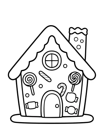 Dibujo lineal en blanco y negro de una casa de pan de jengibre con una ventana redonda, una puerta arqueada, bastones de caramelo, piruletas, pastillas de goma y una chimenea de caramelo.