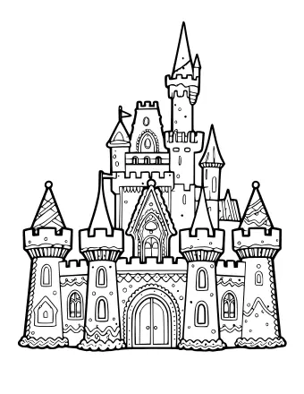 Dibujo lineal en blanco y negro de un gran castillo de pan de jengibre de varios pisos con torretas altas, ventanas arqueadas y patrones de glaseado detallados.