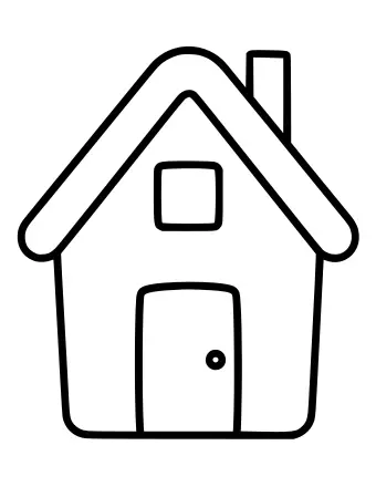 Dibujo lineal en blanco y negro de una sencilla cabaña de una sola planta con techo triangular, chimenea, ventana cuadrada y puerta redondeada con pomo.