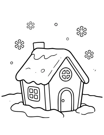Dibujo lineal de una casa de pan de jengibre con techo cubierto de nieve, ventana redonda, puerta arqueada y chimenea, sentada sobre un suelo nevado con copos de nieve cayendo en el cielo.