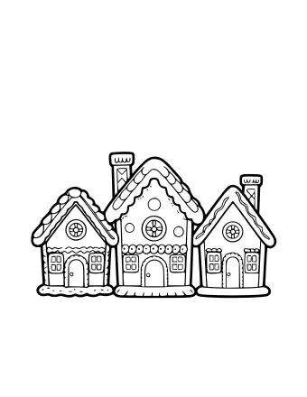 Dibujo lineal en blanco y negro de tres casas de pan de jengibre conectadas con diferentes estilos de techo, incluidos techos festoneados, con tejas y glaseado, cada uno con ventanas redondas, puertas arqueadas y chimeneas.